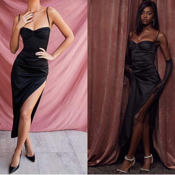House of CB Dresses & Skirts - HOUSE OF CB 'Flora' Black Satin Pleated Corset Midi Dress NWOT
